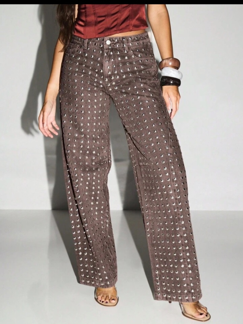 High waisted studded denim